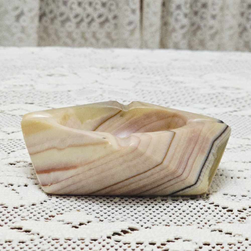 Vintage MCM Onyx Ashtray Marble Alabaster Heavy Stone Cream Green Pink Tan - Picture 8 of 16